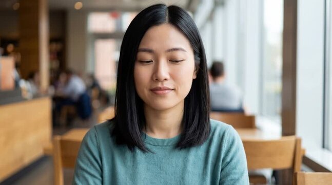 A portrait of a serene Asian woman in quiet contemplation, with eyes gently closed. She is sitting indoors, exuding an air of peace and introspection.