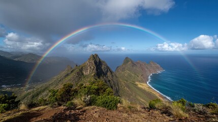 Fototapeta premium A bright rainbow spans across dramatic mountain ranges and the coastline of Hawaii. Lush greenery contrasts with the deep blue ocean under a partly cloudy sky.