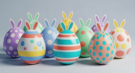 Vibrant lineup of decorated Easter eggs featuring fun bunny ears, showcasing various patterns for a festive and cheerful holiday theme.