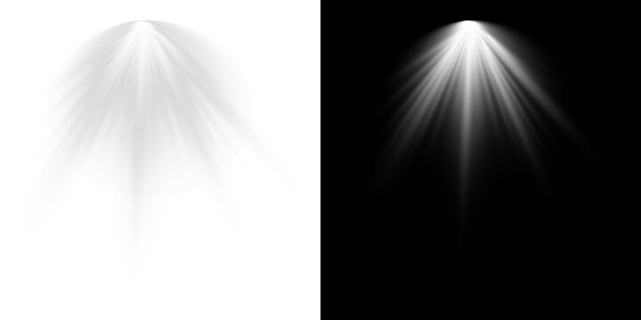 Volumetric white light rays shining down. Cinematic god rays or divine spotlight effect isolated on a transparent background for spiritual or stage design