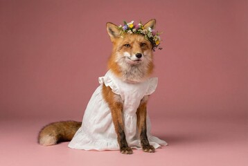 Obraz premium A fox in a white dress and flower crown sits in front of a pink background