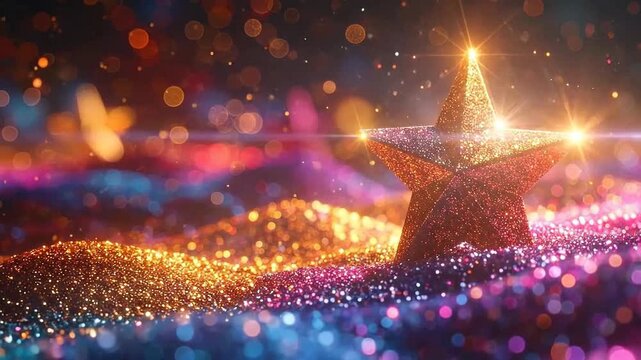 Sparkling star decoration on a glittering surface with bokeh lights, creating a festive atmosphere.