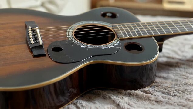High resolution 4K close up of an acoustic guitar resting on soft cloth emphasizing wood texture strings instrument detail music artistic lifestyle stock 