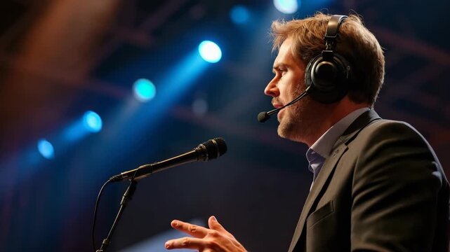 Professional male commentator wearing headset and suit speaks into microphone at live event, illuminated by colorful stage lights. Ideal for broadcasting, journalism, and media concepts.