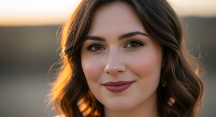 Naklejka premium A beautiful young woman smiling softly in a serene outdoor setting during sunset