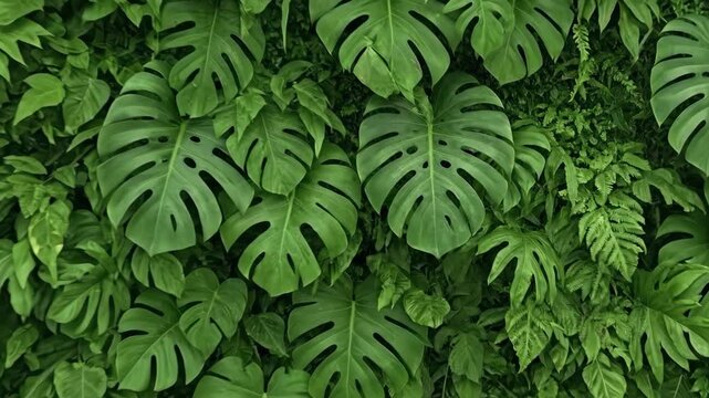 Lush monstera leaves creating a dense green jungle wall ambience