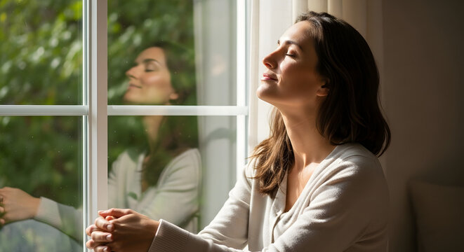 A serene woman sitting by a window with her eyes closed, lost in thought and reflection.