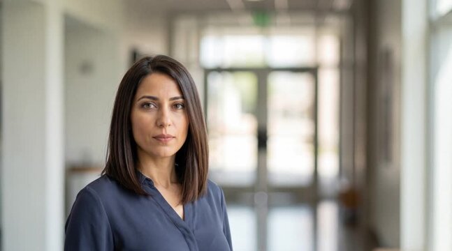 A professional woman stands confidently in a well-lit corridor, exuding a sense of purpose and expertise