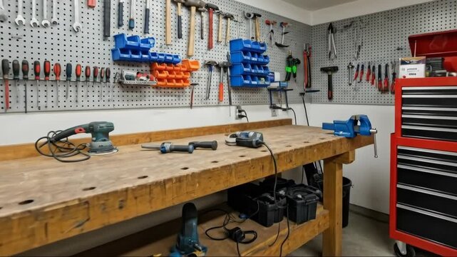 Neatly organized workshop with tools on pegboard and workbench
