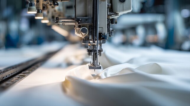 A close-up view of an industrial sewing machine stitching white fabric in a factory setting