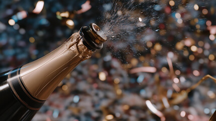 Fototapeta premium A champagne bottle exploding creates a festive atmosphere in celebration, with sparkling droplets cascading and a vibrant backdrop of confetti and party decor, symbolizing joy and triumph.