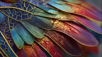 Obraz premium A vibrant and colorful close-up of a bird's feathers with intricate patterns and gold accents