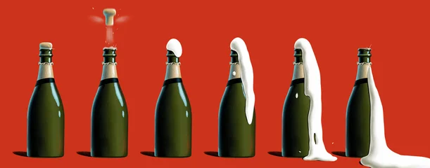 Crédence de cuisine  Champagne explosion set. Popping cork and glass bottle and foam on red  © arvitalya