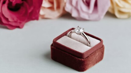 Elegant diamond ring in velvet box surrounded by soft floral background