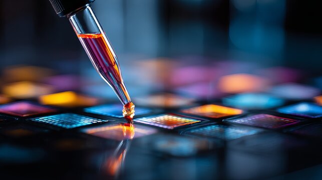 A pipette dropping a liquid sample onto a colorful microarray chip in a laboratory setting