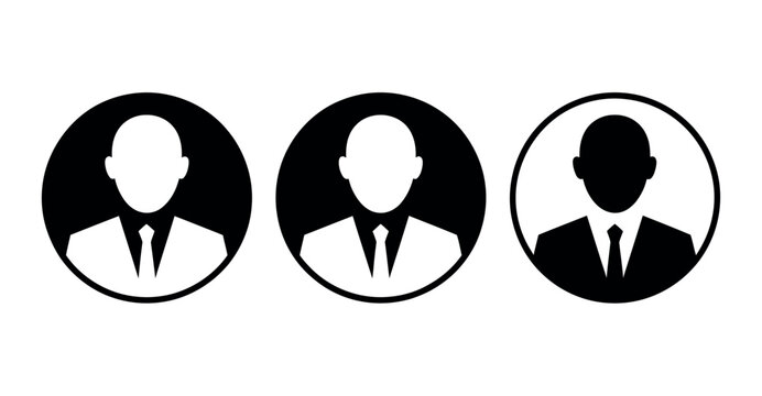 Three black and white silhouette icons of men in business suits and ties in circular avatars
