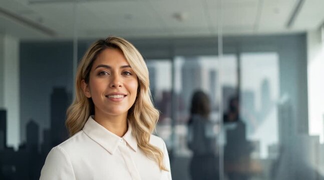 A businesswoman in a bright office, smiling confidently