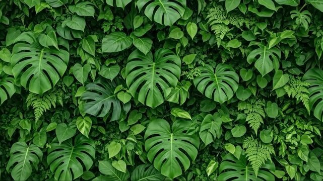 Lush monstera leaf wall with dynamic transition showcasing vibrant greenery texture