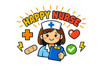 Smiling cartoon nurse with medical symbols and clipboard on white background