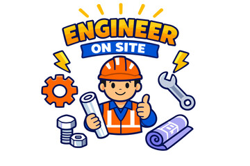 Cartoon engineer character with tools and blueprints