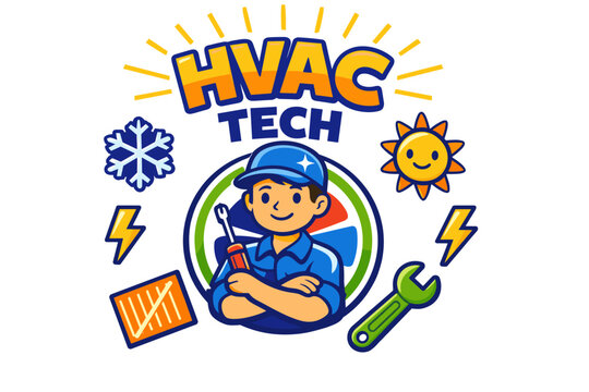 Hvac technician logo with tools, sun, snowflake, and energy symbols