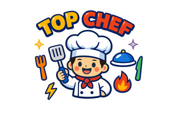 Obraz premium Cartoon chef character with utensils and culinary icons