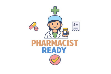Female pharmacist cartoon icon with medication and prescription symbols