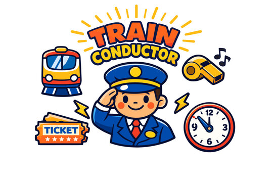 Cartoon train conductor character with train, whistle, ticket, and clock elements