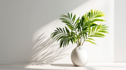 Fresh green leaves are artfully arranged in a white vase casting intricate shadows on the light wooden floor. Sunlight enhances the serene atmosphere of the space.