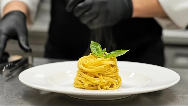 Chef plates pasta dish with precision and professional flair in kitchen scene