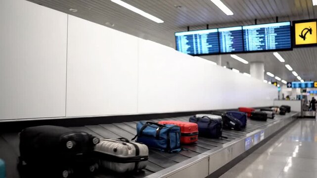 Luggage sits idle on a conveyor belt at an airport terminal.