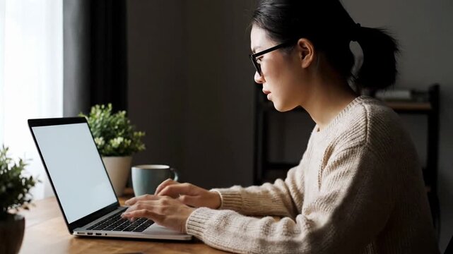 Woman working on a laptop in a cozy, well-lit home environment.