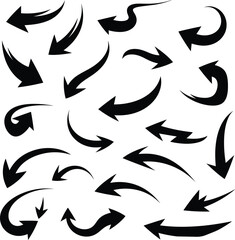 Extensive set of black decorative swoosh arrows and curved motion pointers featuring sharp edges and elegant swirls for dynamic branding and navigation.