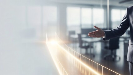 Businessman Reaching Out for Handshake with Futuristic Digital Bridge and Glow Concept in Office