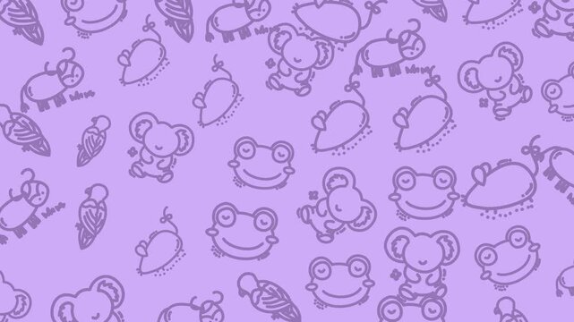 Seamless purple hand drawn repeating farm animal pattern featuring cute frogs elephants snails motifs ideal for textiles wallpapers packaging and nursery decor.