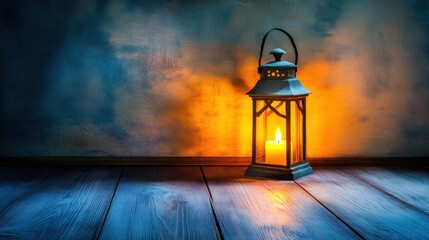 A vintage lantern with a lit candle casting a warm glow on a wooden floor and textured wall in a dimly lit interior