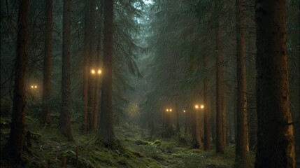 Fototapeta premium A tranquil forest scene features tall trees shrouded in mist with soft glowing lights scattered throughout the underbrush. The calm atmosphere evokes a sense of mystery and wonder.
