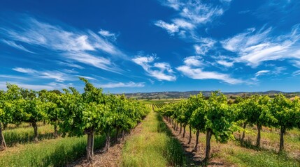 Naklejka premium Rows of green grapevines stretch across the landscape framed by a bright blue sky with puffy clouds. This peaceful vineyard setting showcases natures beauty and tranquility.