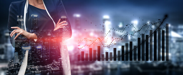 A determined businesswoman stands confidently against a dynamic urban skyline, with soaring growth charts and data visualizations, symbolizing ambition and success. Impute © InfiniteFlow