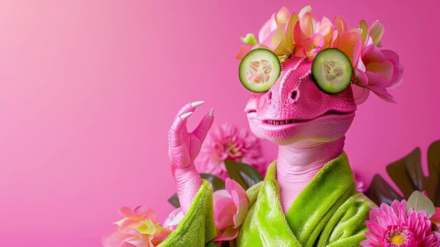 A video of a pink dinosaur wearing a pink bathrobe, surrounded by flowers, relaxing with cucumber slices on its eyes, enjoying a pampering spa day while celebrating the arrival of spring.