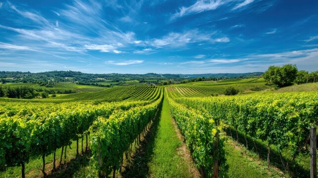Rows of lush green grapevines stretch across the rolling hills of Tuscany. The vibrant landscape is illuminated by a clear blue sky with wispy clouds creating a serene summer afternoon scene.