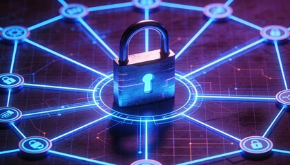 Fototapeta premium Cyber defense system visualization with padlock in the center of digital network and glowing blue neon connections, futuristic cybersecurity technology, secure data protection and information safety 