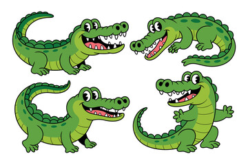 Obraz premium A group of cartoon crocodiles with big smiles and sharp teeth on a white background