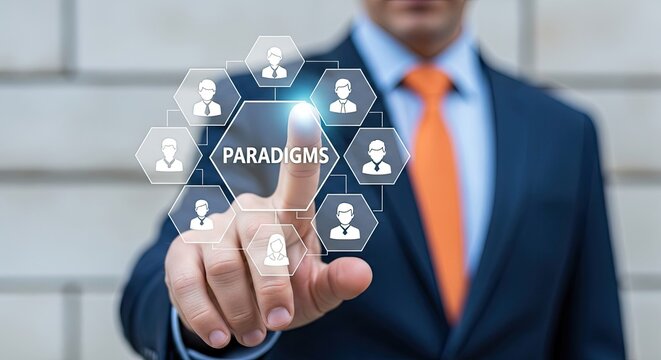 Businessman in Dark Suit and Orange Tie Touching a Virtual Paradigms Hexagon Surrounded by Profile Icons