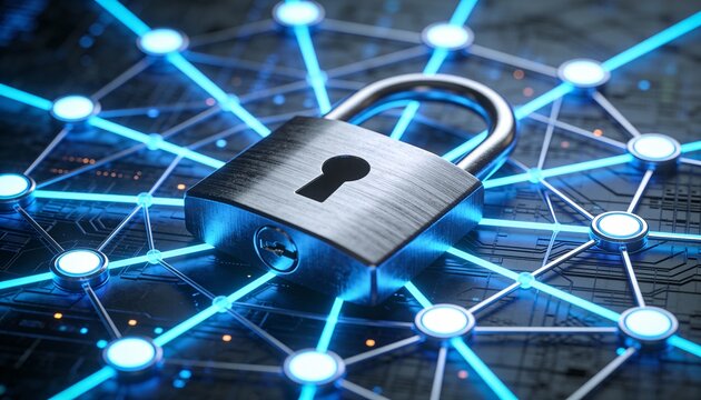 Cyber defense system visualization with padlock in the center of digital network and glowing blue neon connections, futuristic cybersecurity technology, secure data protection and information safety	
