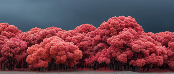 Surreal Red Forest Landscape with Pink Trees under Moody Sky
