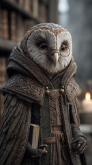 Owl Wizard Scholar in Ornate Robe with Glasses Holding Book