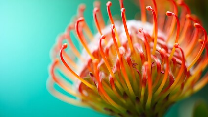 Vibrant Red and Yellow Pincushion Protea Flower Bloom on Teal Blue Background