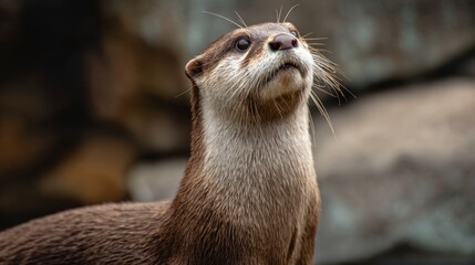 Obraz premium An otter peers up with keen interest showcasing its playful nature and alertness. This scene occurs in the animals natural environment offering a glimpse of wildlife behavior.