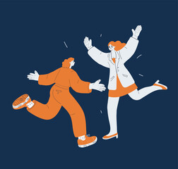 Cartoon vector illustration of two women running toward each other with open arms, symbolizing friendship and the magnetic pull of hearts against dark background